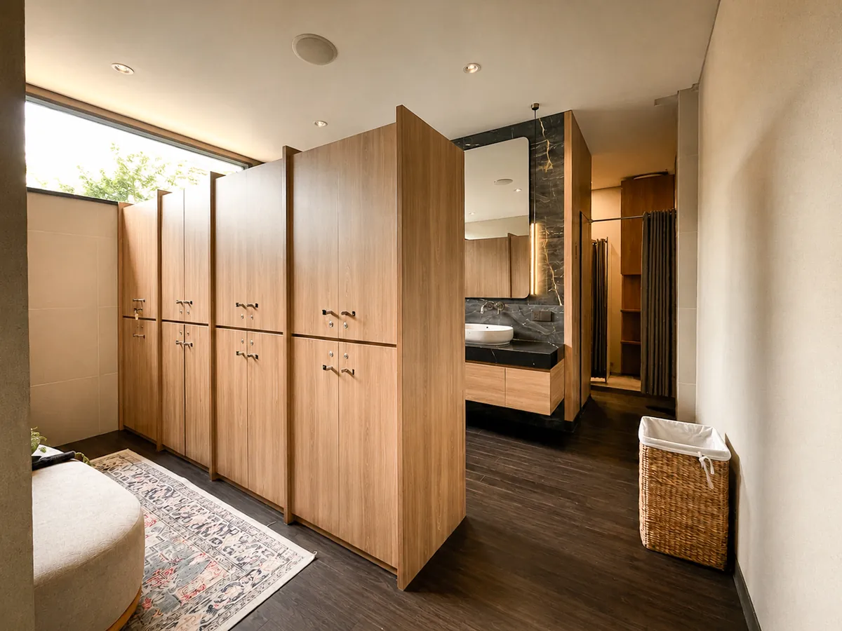 Changing room with timber lockers, vanity and showers